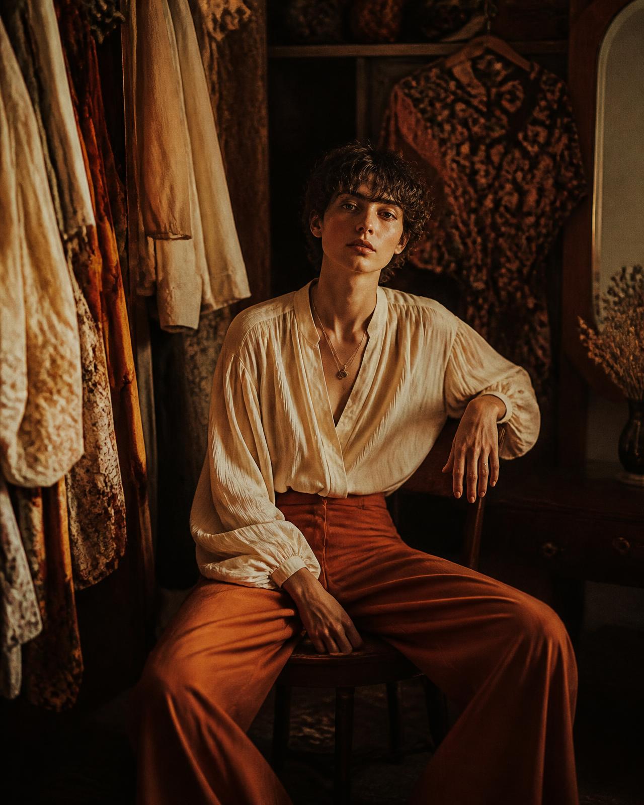 Warm, sunlit wardrobe with earth-toned garments